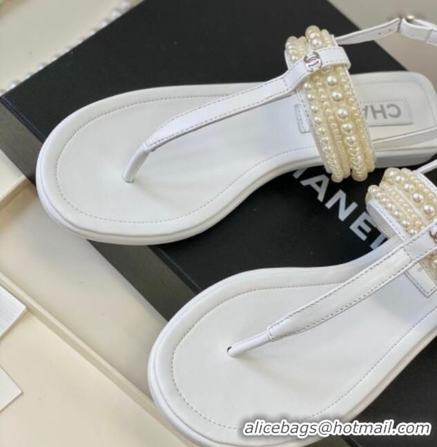 Good Looking Chanel Leather Flat Thong Sandals with Pearls White 619088