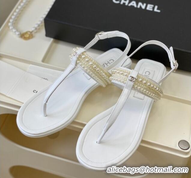 Good Looking Chanel Leather Flat Thong Sandals with Pearls White 619088