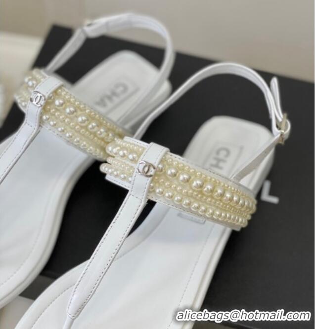 Good Looking Chanel Leather Flat Thong Sandals with Pearls White 619088