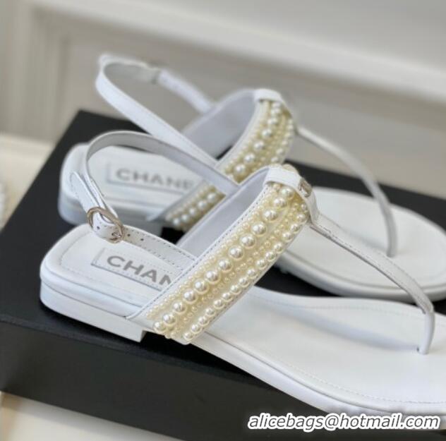 Good Looking Chanel Leather Flat Thong Sandals with Pearls White 619088