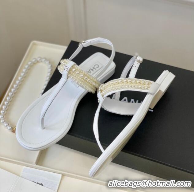 Good Looking Chanel Leather Flat Thong Sandals with Pearls White 619088