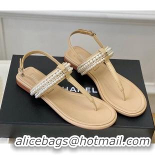 Best Grade Chanel Leather Flat Thong Sandals with Pearls Beige 619089