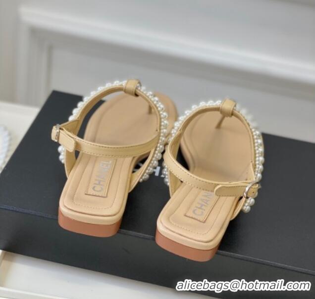 Best Grade Chanel Leather Flat Thong Sandals with Pearls Beige 619089