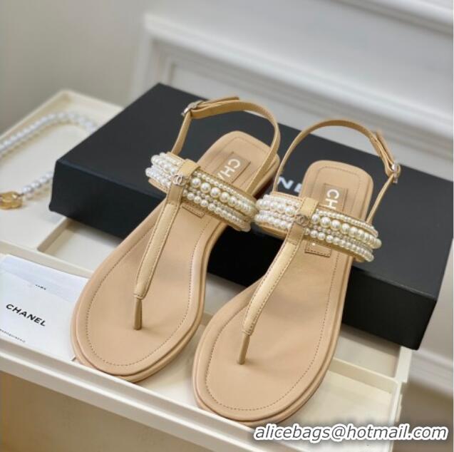 Best Grade Chanel Leather Flat Thong Sandals with Pearls Beige 619089