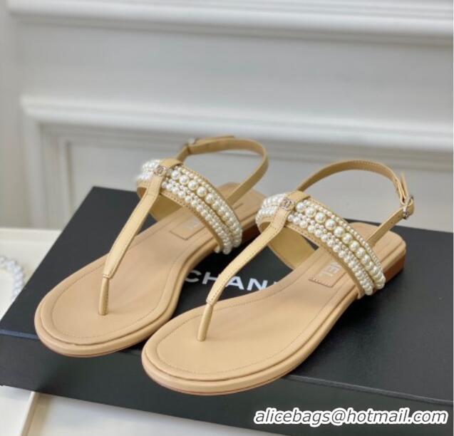 Best Grade Chanel Leather Flat Thong Sandals with Pearls Beige 619089