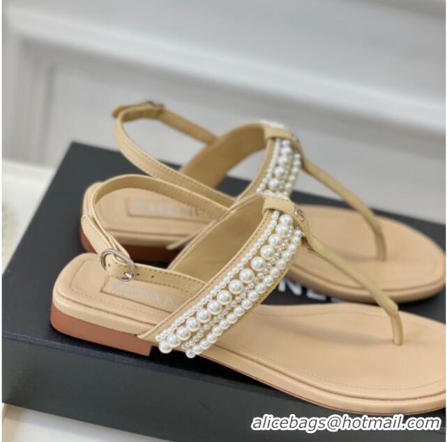 Best Grade Chanel Leather Flat Thong Sandals with Pearls Beige 619089