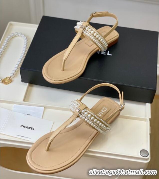 Best Grade Chanel Leather Flat Thong Sandals with Pearls Beige 619089