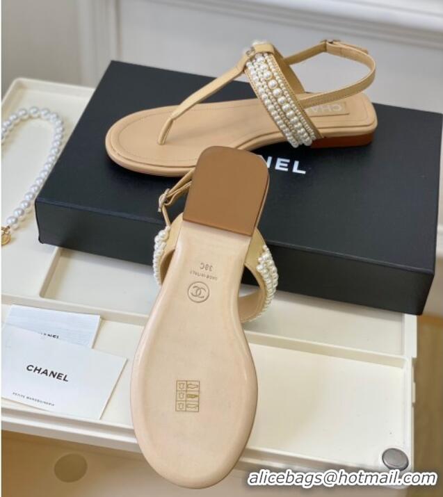 Best Grade Chanel Leather Flat Thong Sandals with Pearls Beige 619089