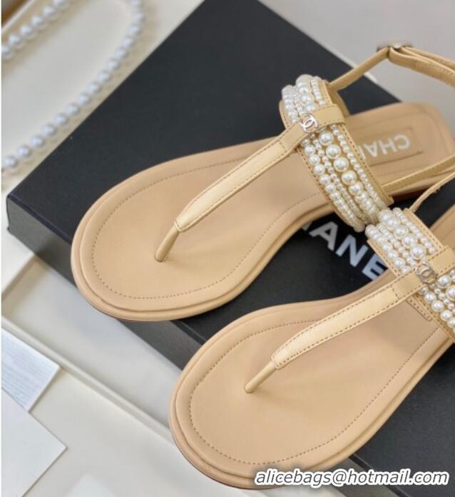 Best Grade Chanel Leather Flat Thong Sandals with Pearls Beige 619089