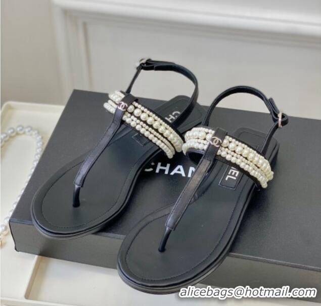 Stylish Chanel Leather Flat Thong Sandals with Pearls Black 619090