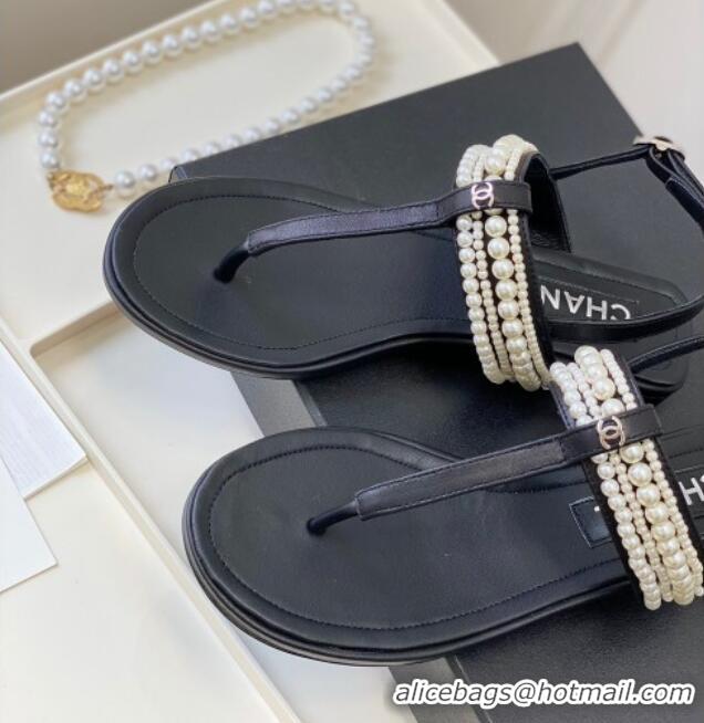 Stylish Chanel Leather Flat Thong Sandals with Pearls Black 619090