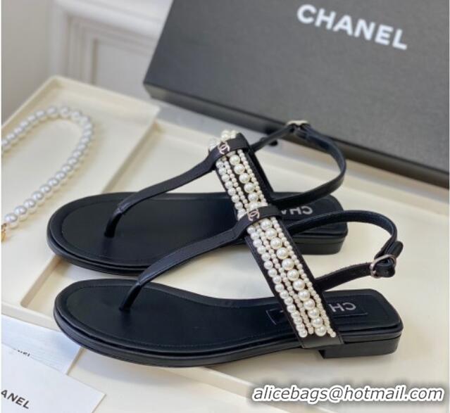 Stylish Chanel Leather Flat Thong Sandals with Pearls Black 619090