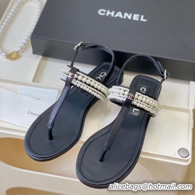 Stylish Chanel Leather Flat Thong Sandals with Pearls Black 619090