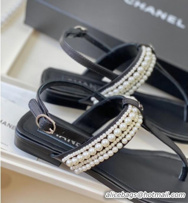 Stylish Chanel Leather Flat Thong Sandals with Pearls Black 619090