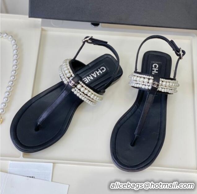 Stylish Chanel Leather Flat Thong Sandals with Pearls Black 619090