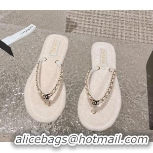 Unique Style Chanel Fabric Flat Thong Slide Sandals with Chain White 619093