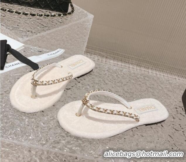 Unique Style Chanel Fabric Flat Thong Slide Sandals with Chain White 619093