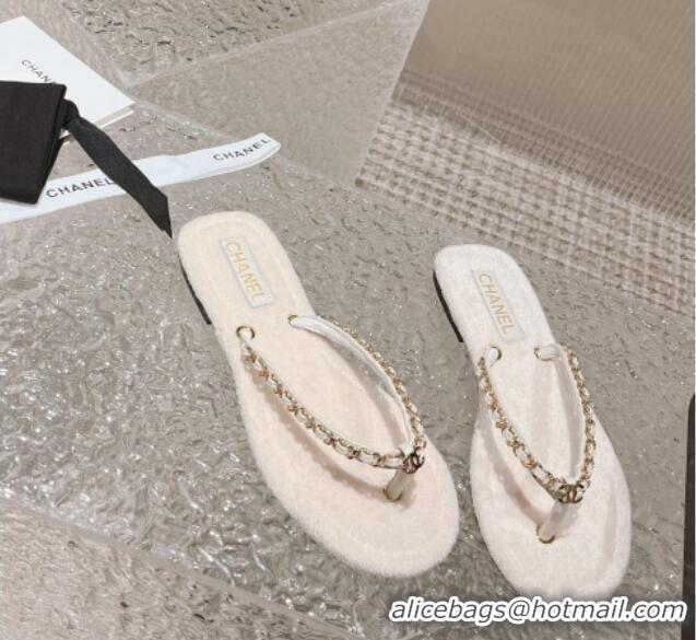 Unique Style Chanel Fabric Flat Thong Slide Sandals with Chain White 619093