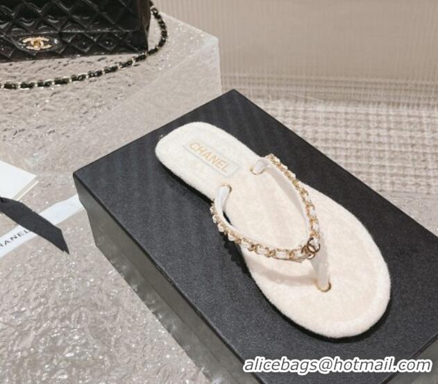 Unique Style Chanel Fabric Flat Thong Slide Sandals with Chain White 619093