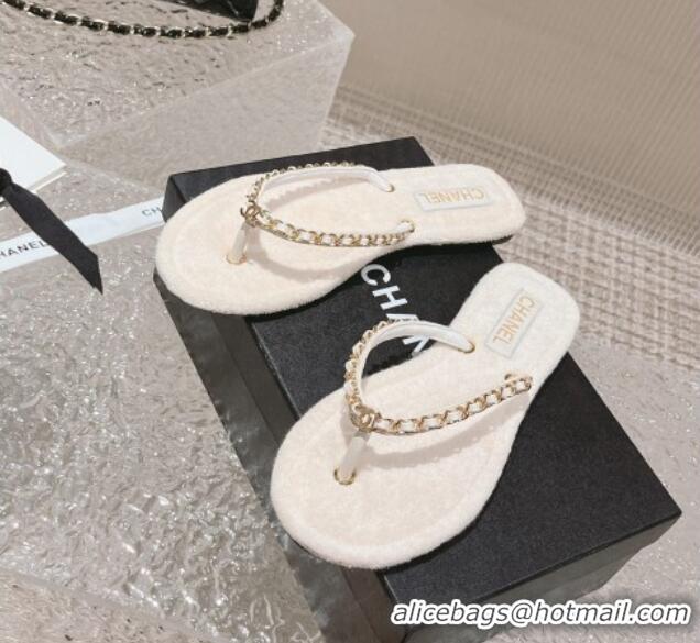 Unique Style Chanel Fabric Flat Thong Slide Sandals with Chain White 619093