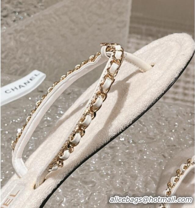 Unique Style Chanel Fabric Flat Thong Slide Sandals with Chain White 619093