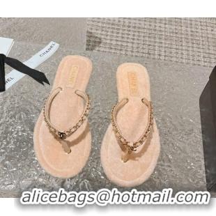 Top Grade Chanel Fabric Flat Thong Slide Sandals with Chain Beige 619094