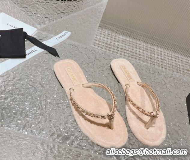 Top Grade Chanel Fabric Flat Thong Slide Sandals with Chain Beige 619094