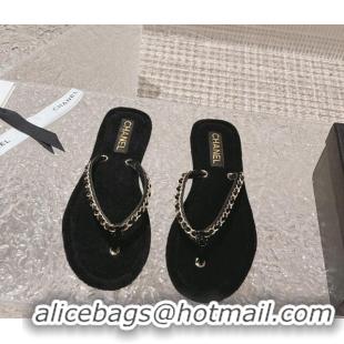 Good Quality Chanel Fabric Flat Thong Slide Sandals with Chain Black 619095