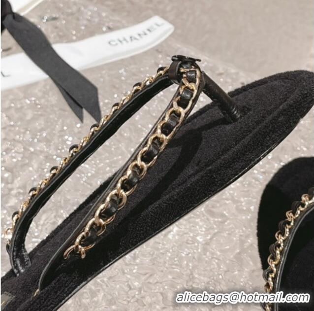 Good Quality Chanel Fabric Flat Thong Slide Sandals with Chain Black 619095