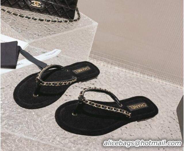 Good Quality Chanel Fabric Flat Thong Slide Sandals with Chain Black 619095