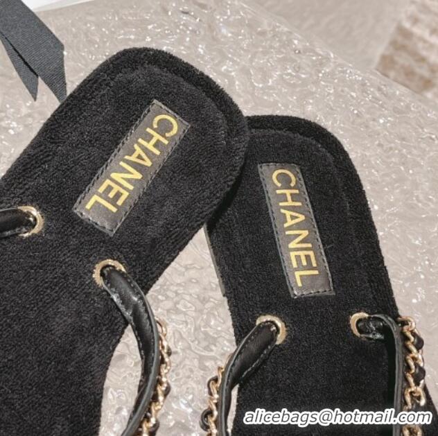 Good Quality Chanel Fabric Flat Thong Slide Sandals with Chain Black 619095