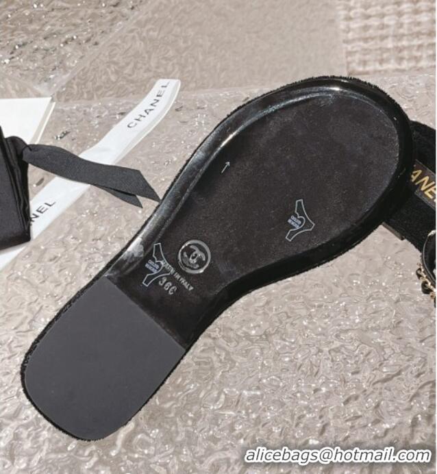 Good Quality Chanel Fabric Flat Thong Slide Sandals with Chain Black 619095