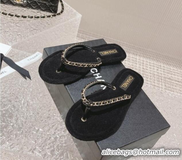 Good Quality Chanel Fabric Flat Thong Slide Sandals with Chain Black 619095