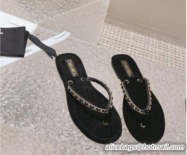 Good Quality Chanel Fabric Flat Thong Slide Sandals with Chain Black 619095