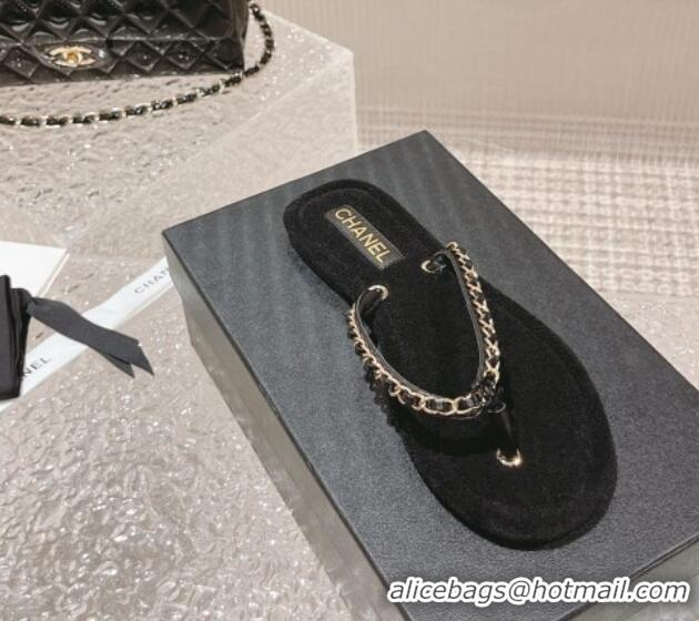 Good Quality Chanel Fabric Flat Thong Slide Sandals with Chain Black 619095