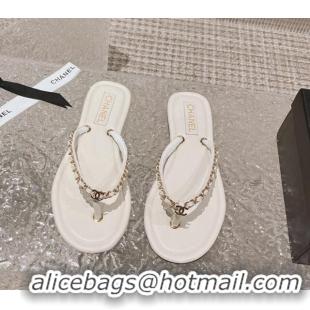 Good Looking Chanel Leather Flat Thong Slide Sandals with Chain White 619097