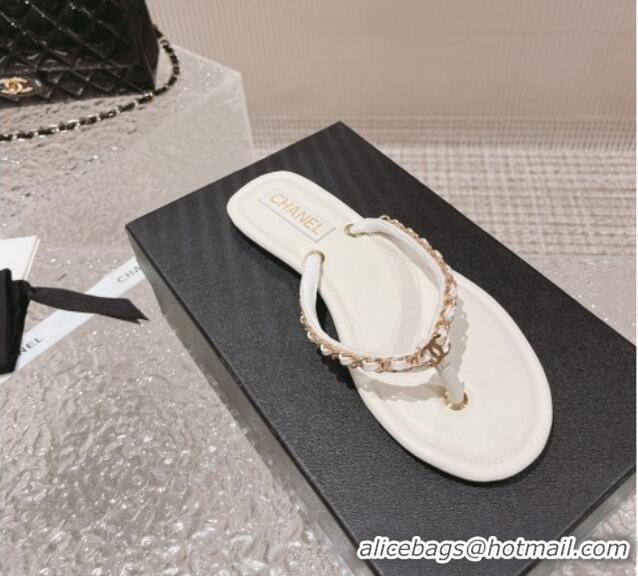 Good Looking Chanel Leather Flat Thong Slide Sandals with Chain White 619097