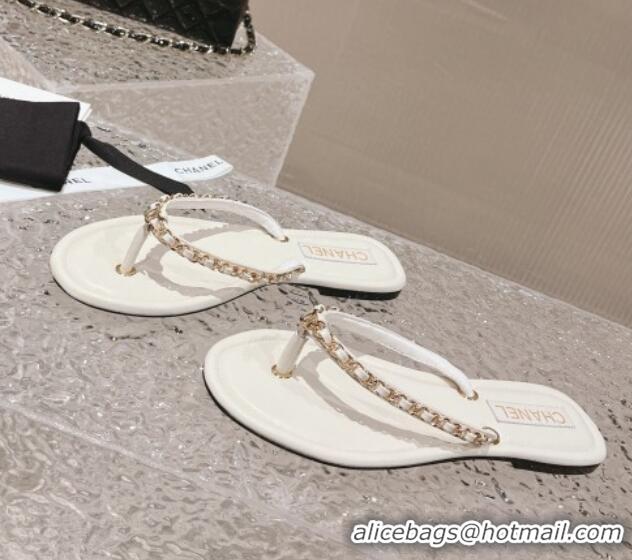 Good Looking Chanel Leather Flat Thong Slide Sandals with Chain White 619097