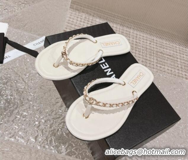 Good Looking Chanel Leather Flat Thong Slide Sandals with Chain White 619097