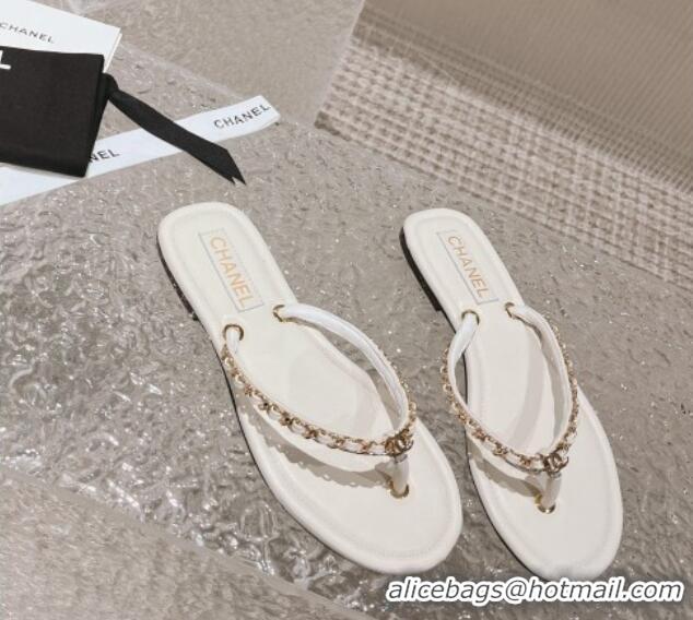 Good Looking Chanel Leather Flat Thong Slide Sandals with Chain White 619097