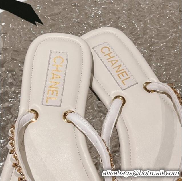 Good Looking Chanel Leather Flat Thong Slide Sandals with Chain White 619097