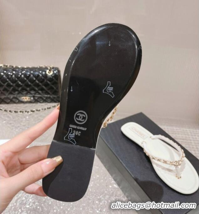 Good Looking Chanel Leather Flat Thong Slide Sandals with Chain White 619097