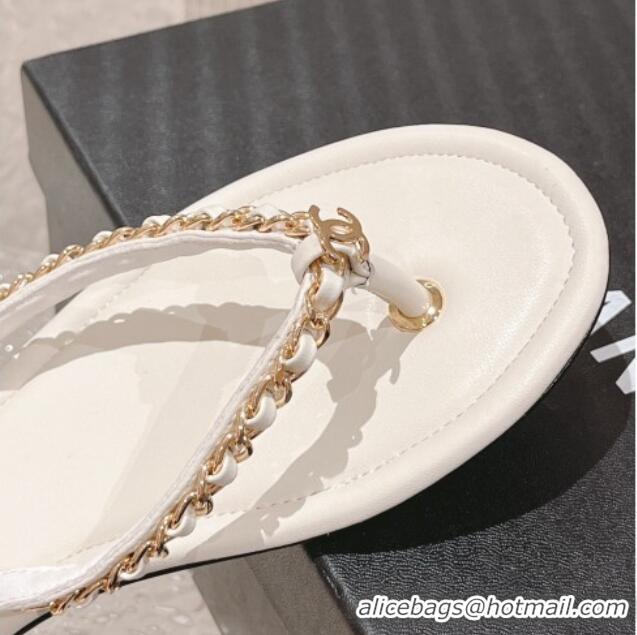 Good Looking Chanel Leather Flat Thong Slide Sandals with Chain White 619097