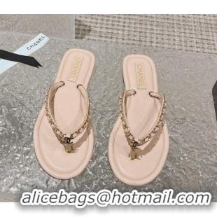 Popular Style Chanel Leather Flat Thong Slide Sandals with Chain Nude 619096