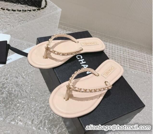 Popular Style Chanel Leather Flat Thong Slide Sandals with Chain Nude 619096