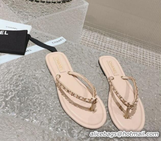 Popular Style Chanel Leather Flat Thong Slide Sandals with Chain Nude 619096