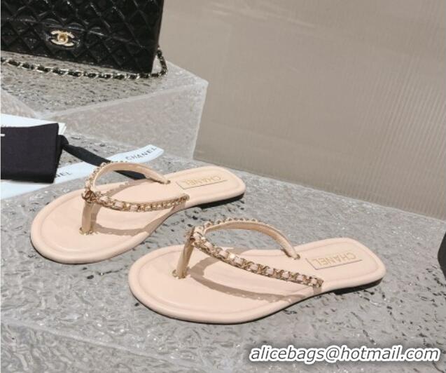 Popular Style Chanel Leather Flat Thong Slide Sandals with Chain Nude 619096