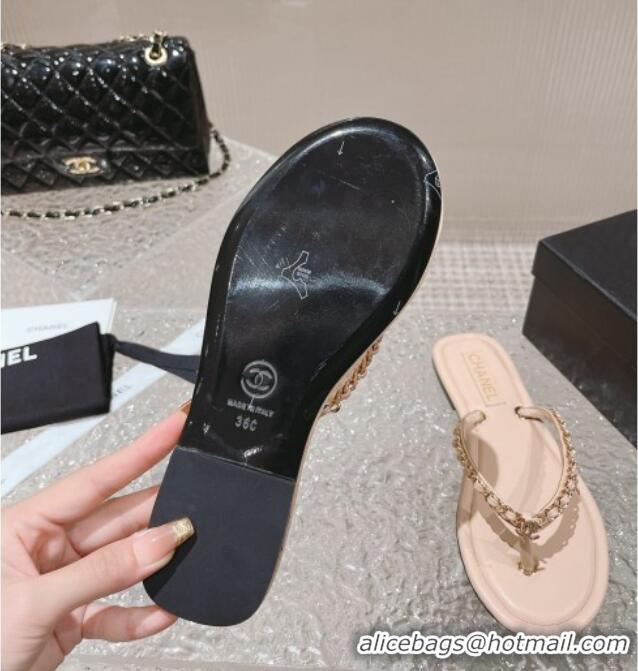 Popular Style Chanel Leather Flat Thong Slide Sandals with Chain Nude 619096