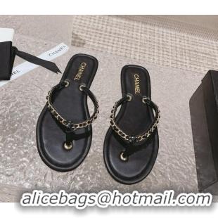 Best Product Chanel Leather Flat Thong Slide Sandals with Chain Black 619098