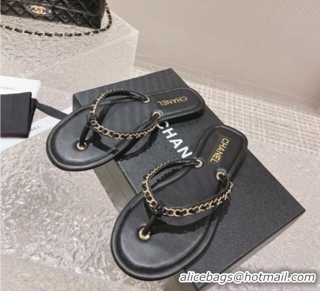 Best Product Chanel Leather Flat Thong Slide Sandals with Chain Black 619098